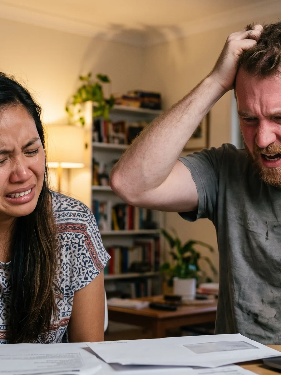 Stressed couple reviewing a Request for Information letter from Immigration